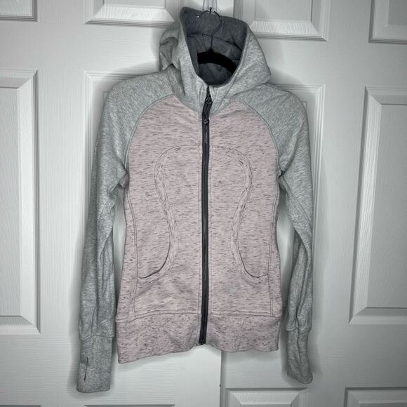 Lululemon Scuba Full Zip Hoodie Size 4 Pink Gray Big embroidered logo on hood. - Picture 2 of 8